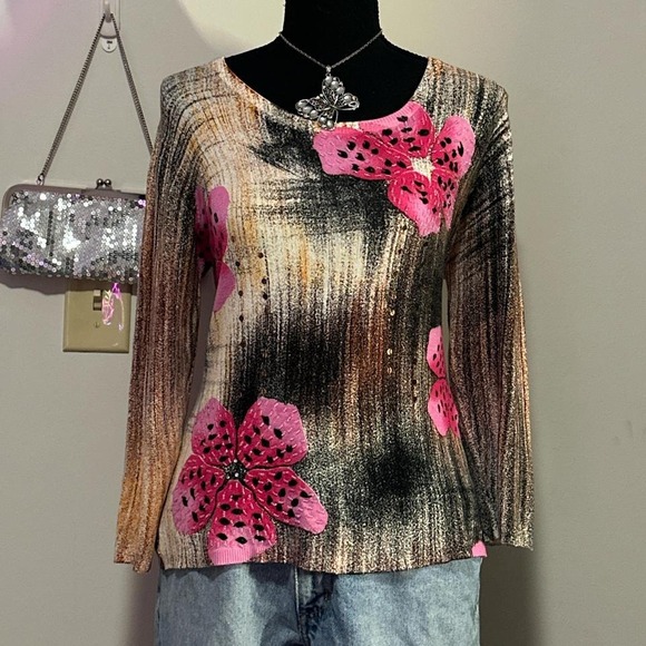 Elizabeth‎ New York vintage floral long sleeve light sweater with sequins - Picture 1 of 5